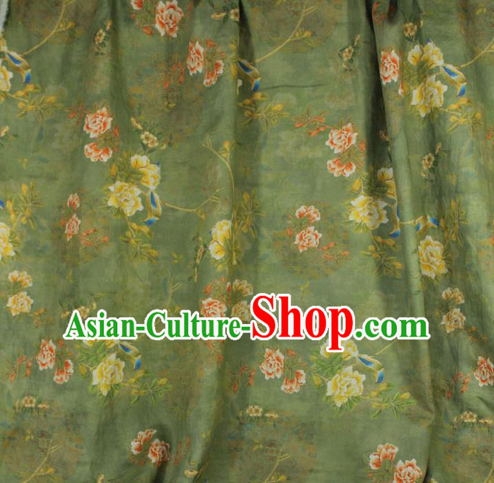 Chinese Linen Drapery Asian Qipao Dress Cloth Traditional Printing Peony Pattern Light Green Flax Fabric