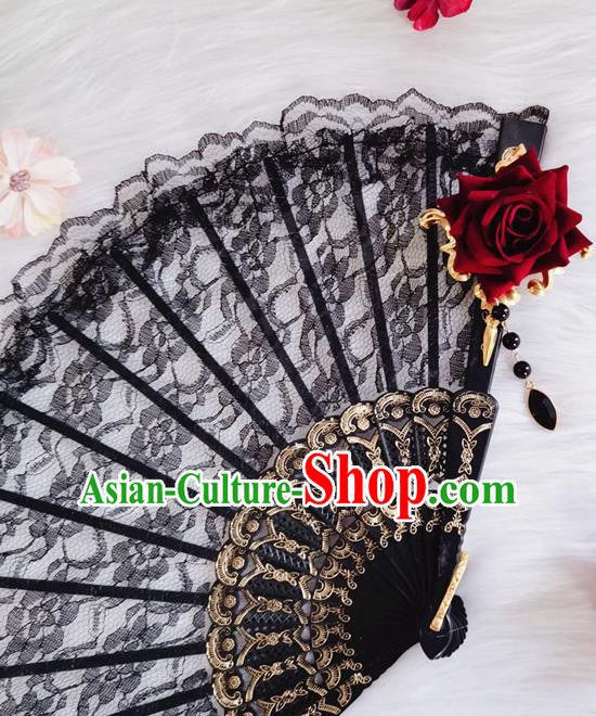 Classical Red Rose Flower Fan Handmade Retro Folding Fans Europe Court Black Lace Accordion