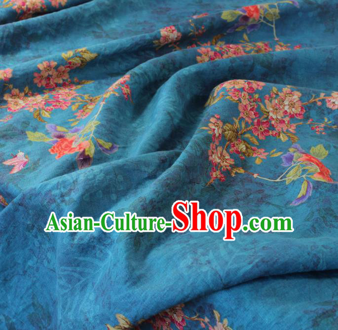 Asian Flax Fabric Qipao Dress Cloth Chinese Traditional Printing Begonia Pattern Blue Linen Drapery