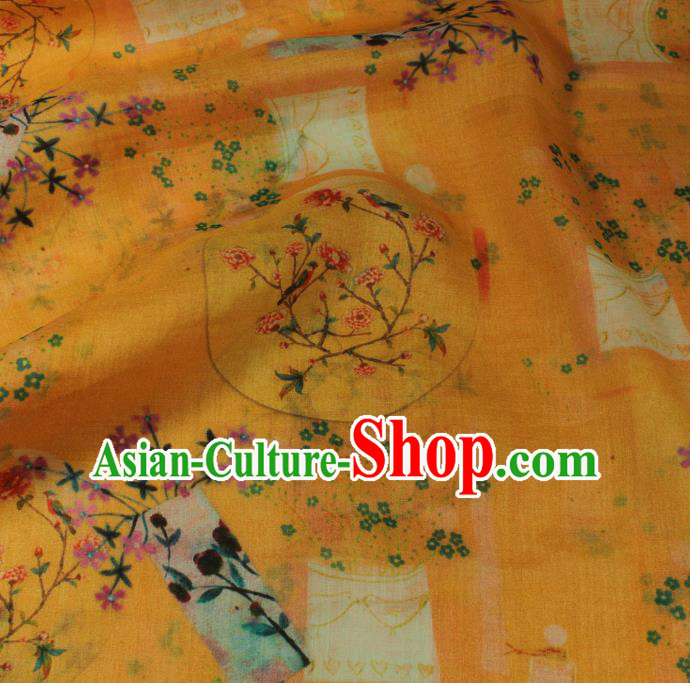 Asian Traditional Yellow Ramine Qipao Dress Cloth Linen Drapery Chinese Printing Flowers Vase Pattern Flax Fabric