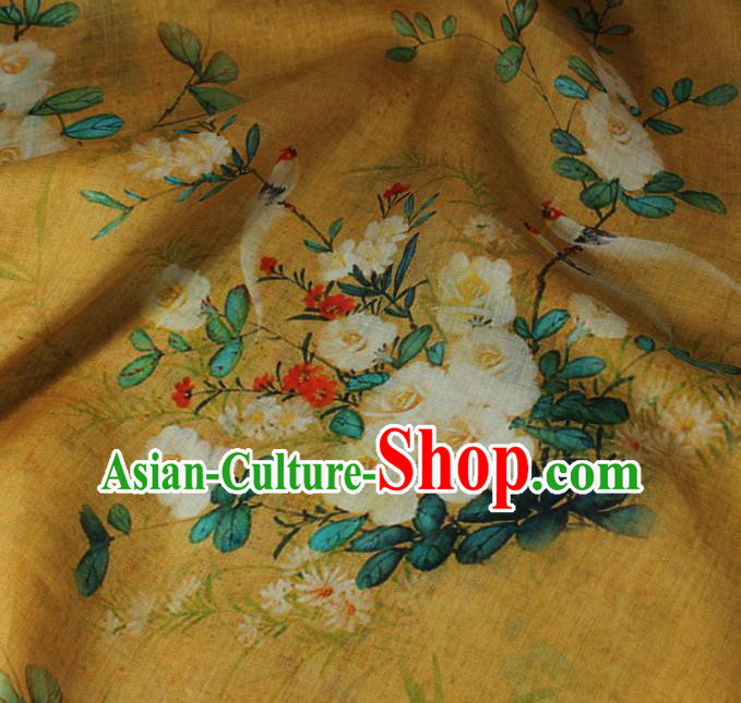 Chinese Printing Rose Flowers Pattern Yellow Ramine Qipao Dress Cloth Flax Fabric Asian Traditional Linen Drapery