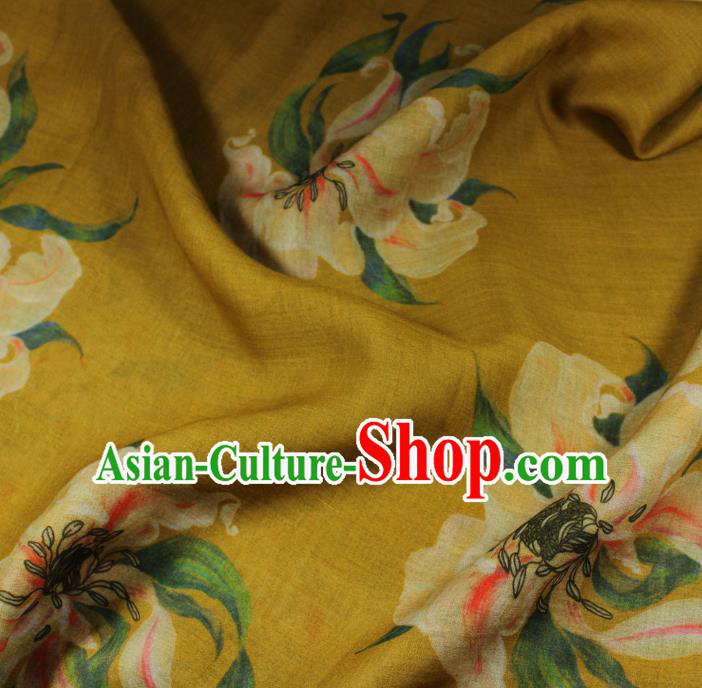 Chinese Printing Lily Flowers Pattern Qipao Dress Flax Cloth Asian Traditional Linen Drapery Yellow Ramine Fabric