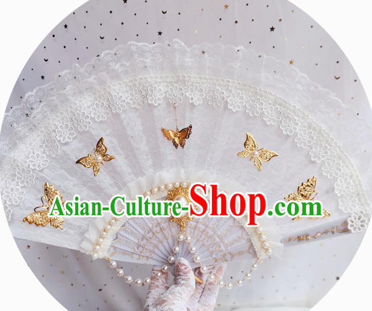 Classical Golden Butterfly Fan Handmade Retro White Lace Folding Fans Europe Court Pearls Accordion