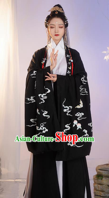 China Ancient Ming Dynasty Costume Taoist Apparels Embroidered Hanfu Black Cloak for Women for Men