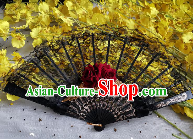 Classical Retro Black Lace Fan Handmade Dance Folding Fans Europe Court Red Rose Accordion