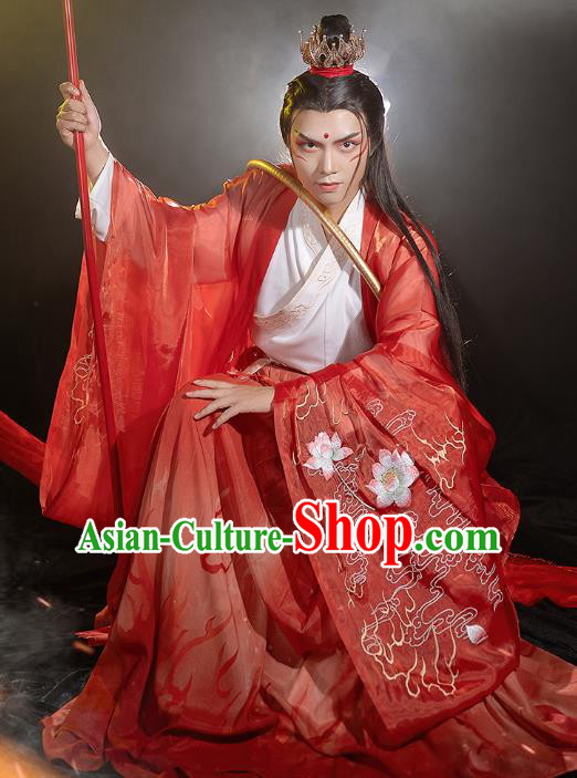 China Traditional Cosplay Ne Zha Hanfu Apparels Ancient Swordsman Costumes Red Cape Shirt and Skirt Full Set