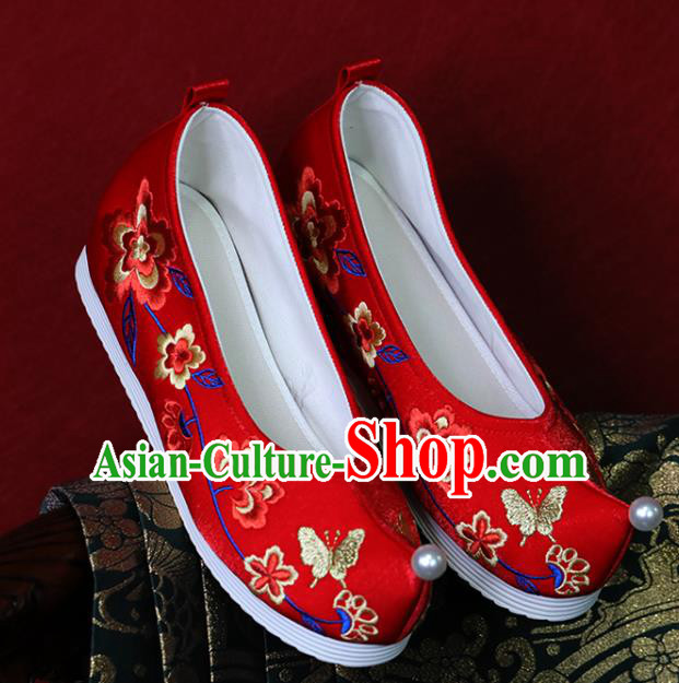 China Red Cloth Hanfu Shoes Embroidered Shoes Tang Dynasty Princess Shoes Handmade Wedding Shoes