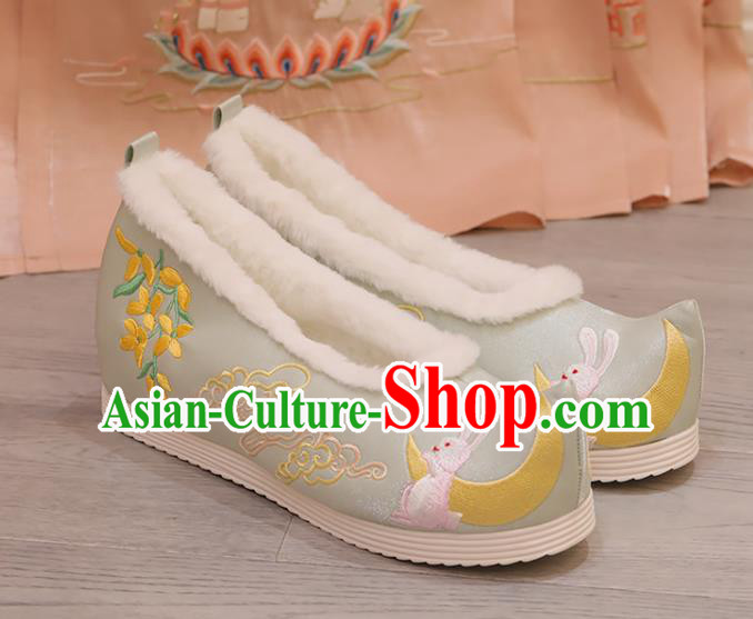 Handmade China Embroidered Moon Fragrans Rabbit Light Green Shoes Cloth Shoes Princess Shoes Hanfu Shoes Women Shoes