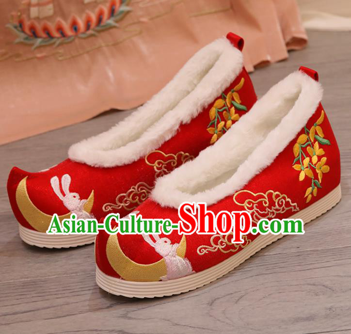 China Hanfu Shoes Embroidered Moon Fragrans Rabbit Shoes Princess Shoes Women Winter Shoes Handmade Red Shoes