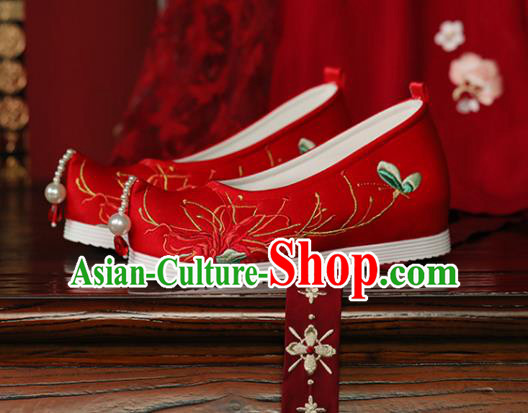 China Ming Dynasty Princess Shoes Hanfu Shoes Embroidered Red Spider Lily Shoes Handmade Red Cloth Shoes