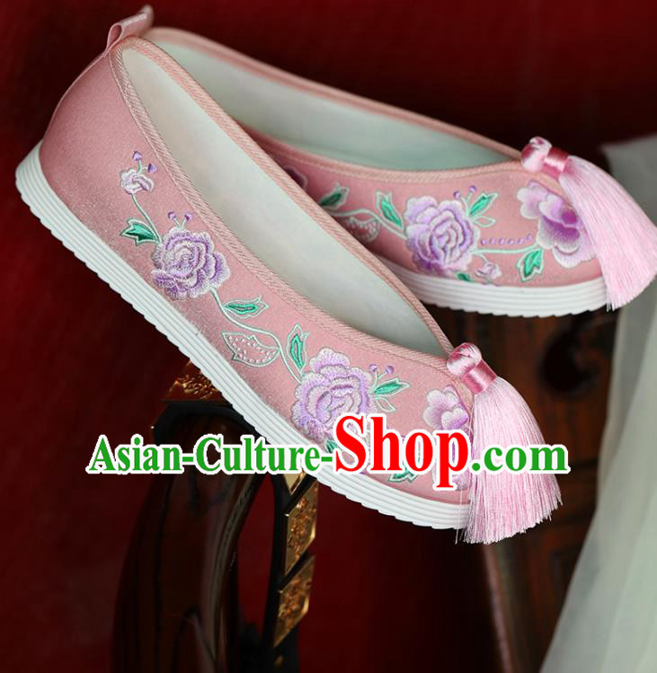 China Hanfu Pearls Shoes Princess Shoes Handmade Beijing Cloth Shoes Embroidered Peony Pink Shoes