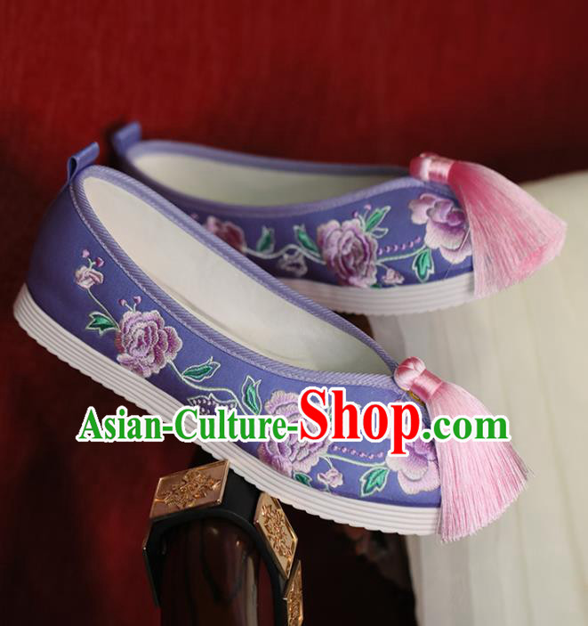 China Princess Shoes Handmade Beijing Cloth Shoes Embroidered Peony Purple Shoes Hanfu Pearls Shoes