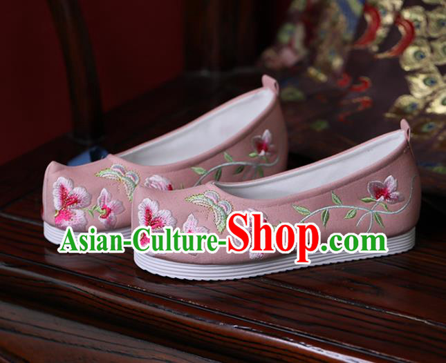 China Handmade Bow Shoes Princess Shoes Hanfu Shoes Embroidered Butterfly Flowers Shoes Pink Cloth Shoes