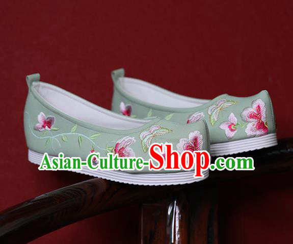 China Hanfu Shoes Princess Shoes Embroidered Butterfly Flowers Shoes Green Cloth Shoes Handmade Bow Shoes