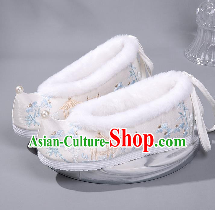 China Ancient Embroidered Bamboo Pavilion Bow Shoes Ming Dynasty Princess Shoes White Satin Shoes Handmade Winter Shoes Hanfu Pearl Shoes