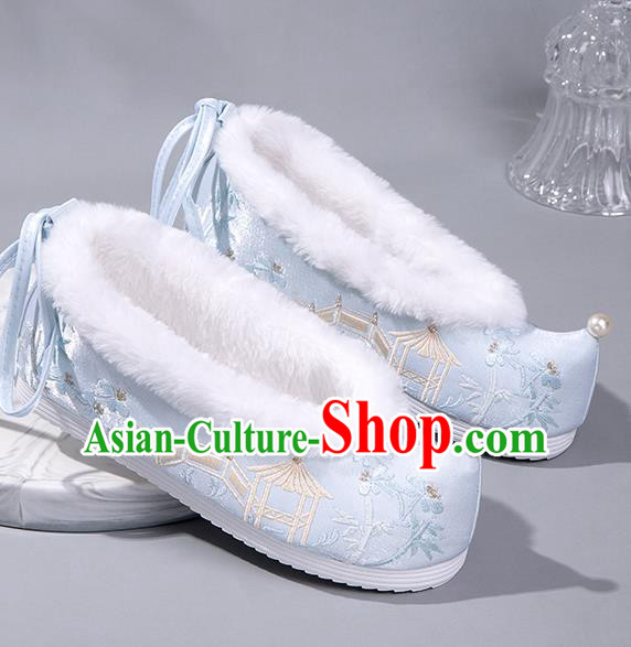 China Hanfu Pearl Shoes Ancient Embroidered Bamboo Pavilion Bow Shoes Ming Dynasty Princess Shoes Handmade Winter Shoes Blue Satin Shoes