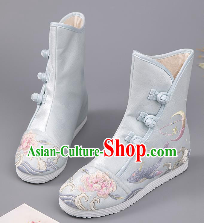 Chinese Ancient Ming Dynasty Swordsman Blue Boots Embroidered Peony Shoes Cloth Shoes for Women