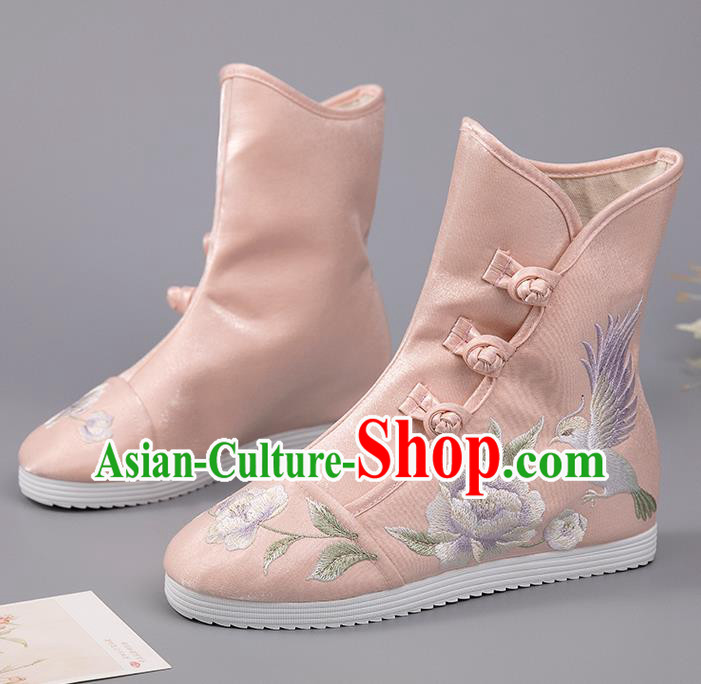 Chinese Embroidered Peony Bird Boots Ancient Pink Hanfu Shoes Handmade Cloth Shoes