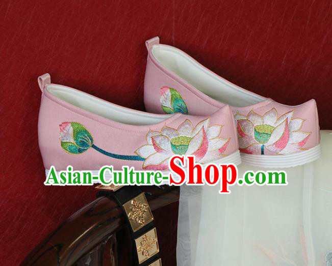 China Embroidered Lotus Shoes Handmade Pink Satin Shoes Song Dynasty Princess Shoes Hanfu Shoes