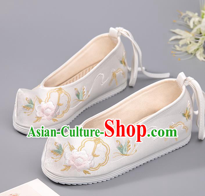 China Handmade Tang Dynasty White Shoes Embroidered Peony Shoes Hanfu Shoes Ancient Princess Shoes