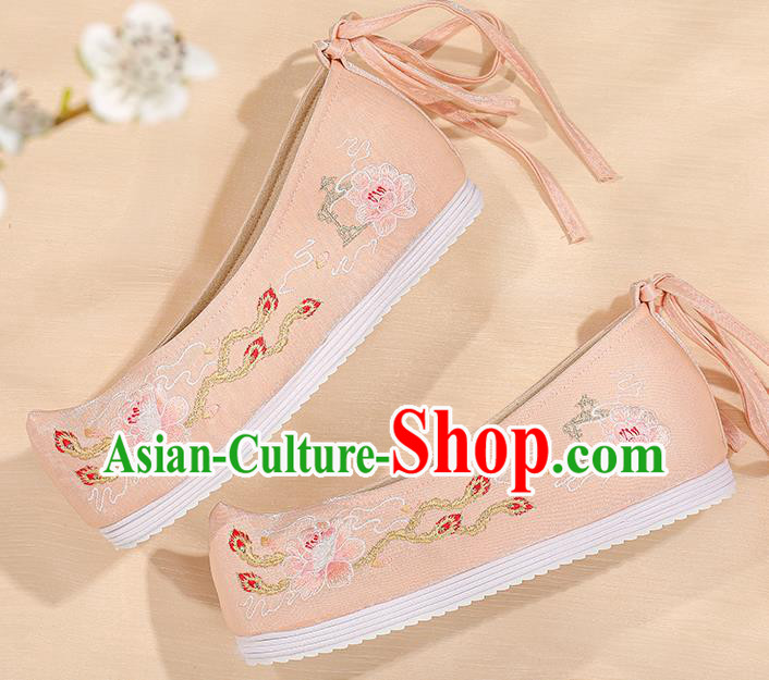 China Ming Dynasty Princess Shoes Embroidered Peony Shoes Female Shoes Hanfu Shoes Handmade Pink Cloth Shoes