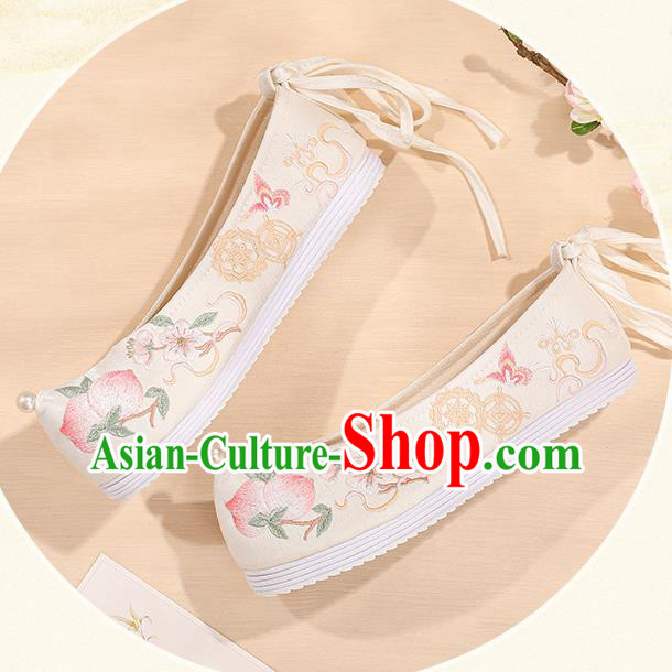 China White Bow Shoes Bride Shoes Hanfu Shoes Princess Shoes Embroidered Peach Shoes