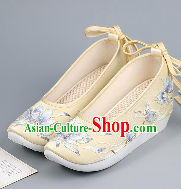 China Ming Dynasty Princess Shoes Ancient Court Shoes Embroidered Epiphyllum Yellow Shoes Traditional Hanfu Shoes