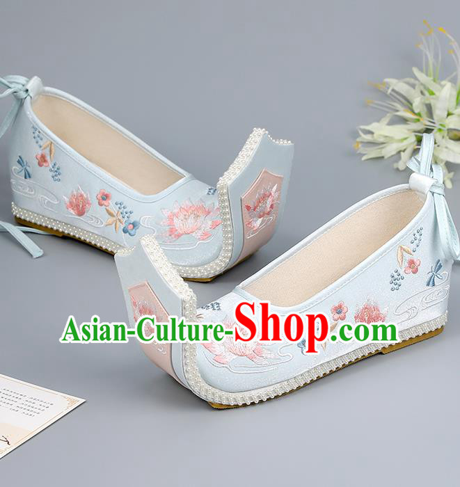 China Princess Shoes Han Dynasty Blue Shoes Traditional Hanfu Shoes Cloth Shoes Embroidered Lotus Shoes