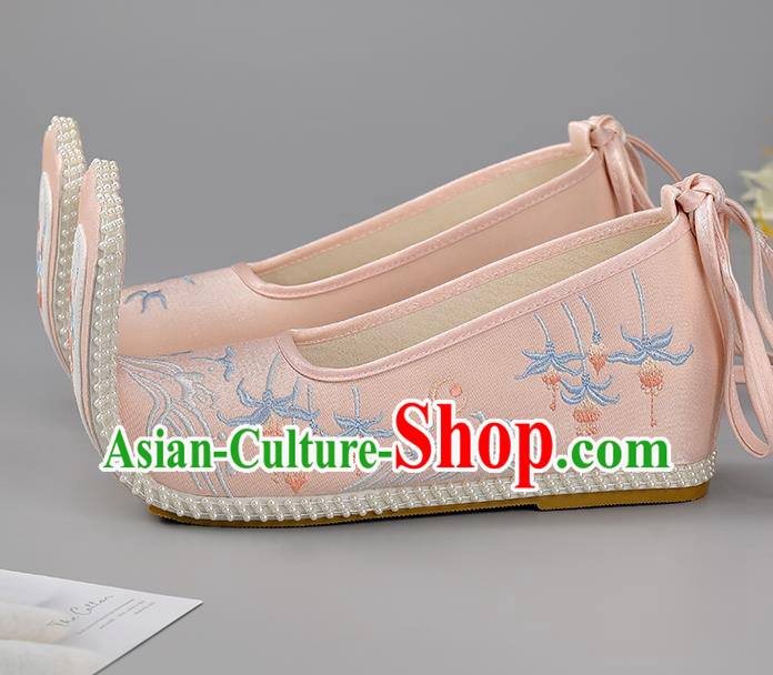 China Pink Cloth Shoes Han Dynasty Shoes Traditional Hanfu Shoes Princess Shoes Embroidered Lotus Shoes