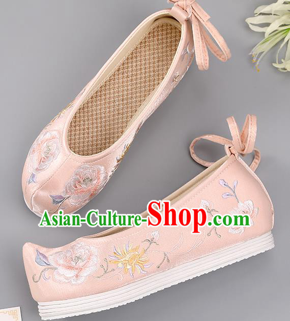 China Handmade Pink Cloth Shoes Embroidered Peony Shoes Princess Shoes Ming Dynasty Shoes Traditional Hanfu Shoes