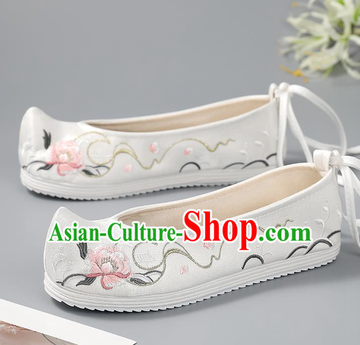 China Ancient Princess Embroidered Shoes White Bow Shoes Traditional Hanfu Shoes Handmade Cloth Shoes