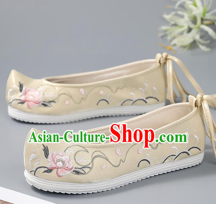 China Handmade Light Yellow Cloth Shoes Ancient Princess Bow Shoes Traditional Embroidered Shoes Hanfu Shoes