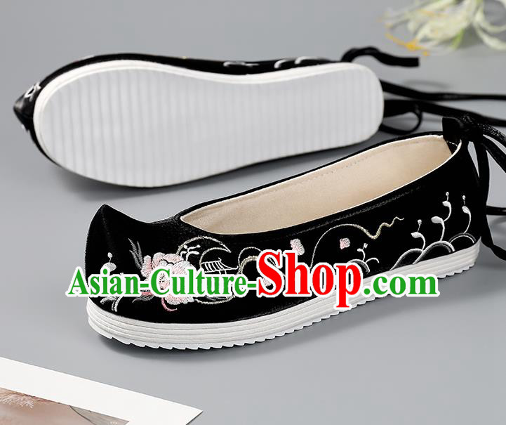 China Handmade Cloth Shoes Ancient Princess Bow Shoes Traditional Hanfu Shoes Black Embroidered Shoes