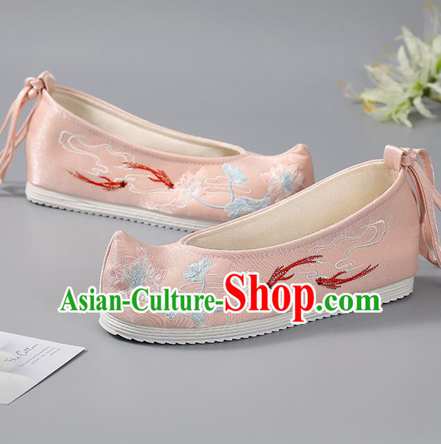 China Traditional Women Shoes Embroidered Lotus Fishes Shoes Hanfu Shoes Ancient Princess Shoes Handmade Pink Cloth Shoes