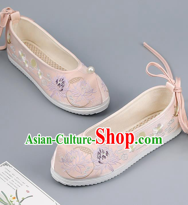 China Pink Hanfu Shoes Ming Dynasty Princess Shoes Embroidered Lotus Shoes Traditional Pearl Shoes