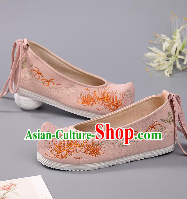 China Ancient Princess Shoes Embroidered Manjusaka Shoes Handmade Cloth Shoes Hanfu Pink Shoes