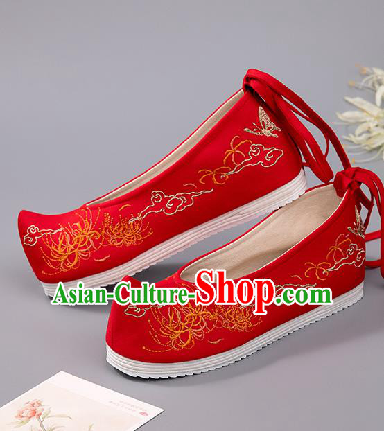 China Wedding Shoes Ancient Princess Shoes Embroidered Manjusaka Shoes Handmade Red Cloth Shoes Hanfu Bride Shoes