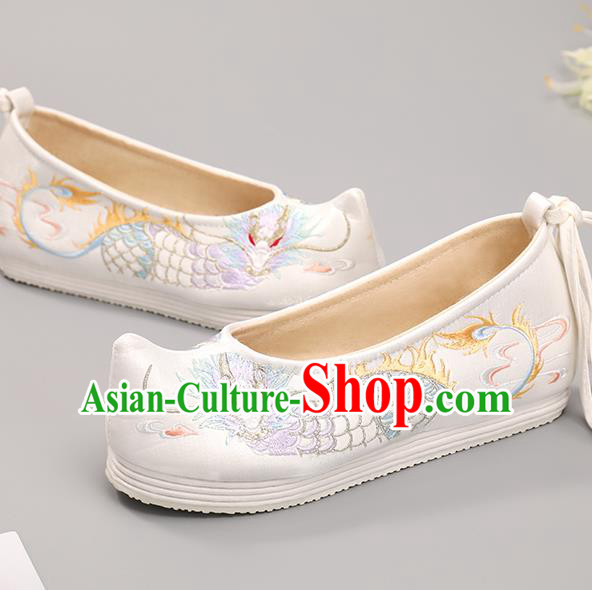 Handmade China Classical Dragon Pattern Embroidered Shoes Hanfu Shoes National Shoes Traditional White Cloth Shoes