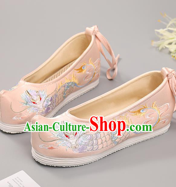 China Handmade Hanfu Shoes National Shoes Traditional Pink Cloth Shoes Classical Dragon Pattern Embroidered Shoes