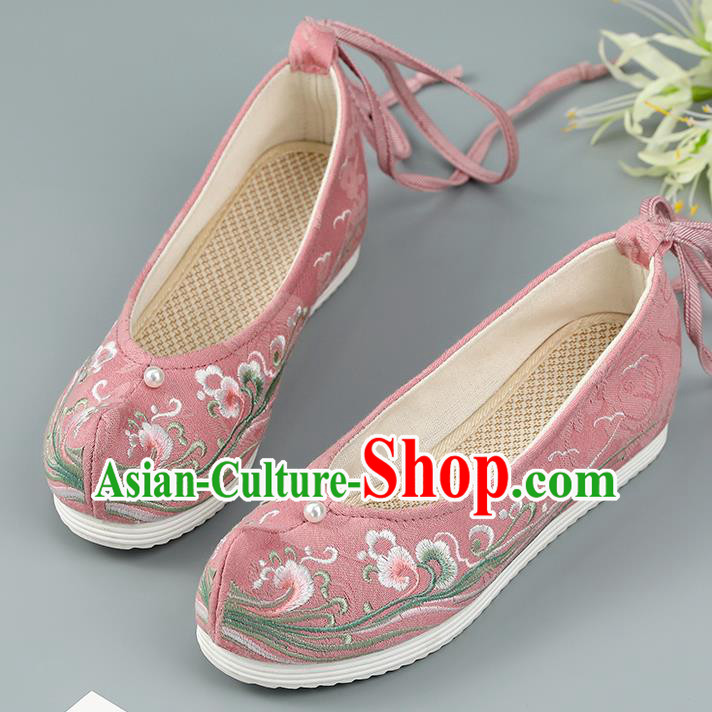 Top China Pearl Princess Shoes Embroidered Shoes Handmade National Shoes Traditional Hanfu Pink Cloth Shoes