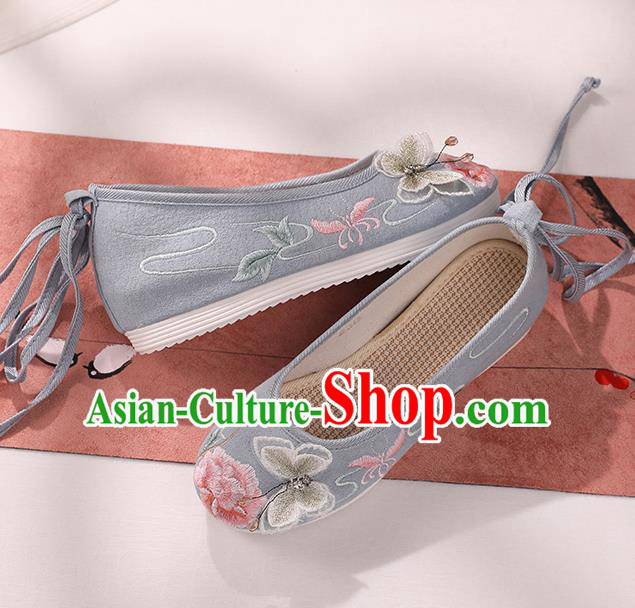 Top National Blue Shoes China Handmade Embroidered Butterfly Peony Shoes Traditional Cloth Shoes Hanfu Shoes