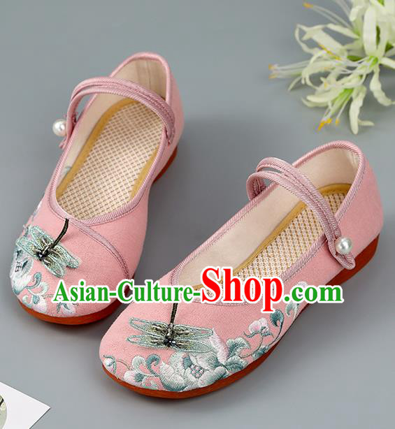 China Pink Cloth Shoes Embroidered Dragonfly Shoes Traditional Hanfu Shoes Handmade Shoes