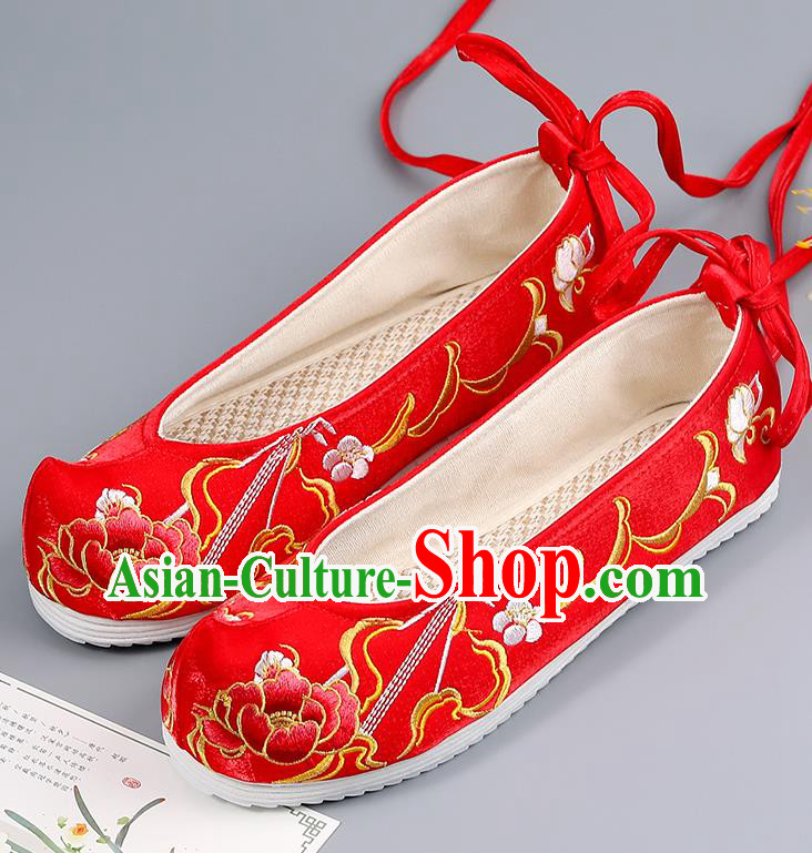 Traditional China Wedding Shoes Handmade Shoes National Shoes Red Cloth Shoes Embroidered Peony Shoes Bride Shoes