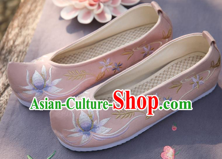 Traditional China Hanfu Shoes Handmade Shoes National Shoes Cloth Shoes Embroidered Lotus Pink Shoes