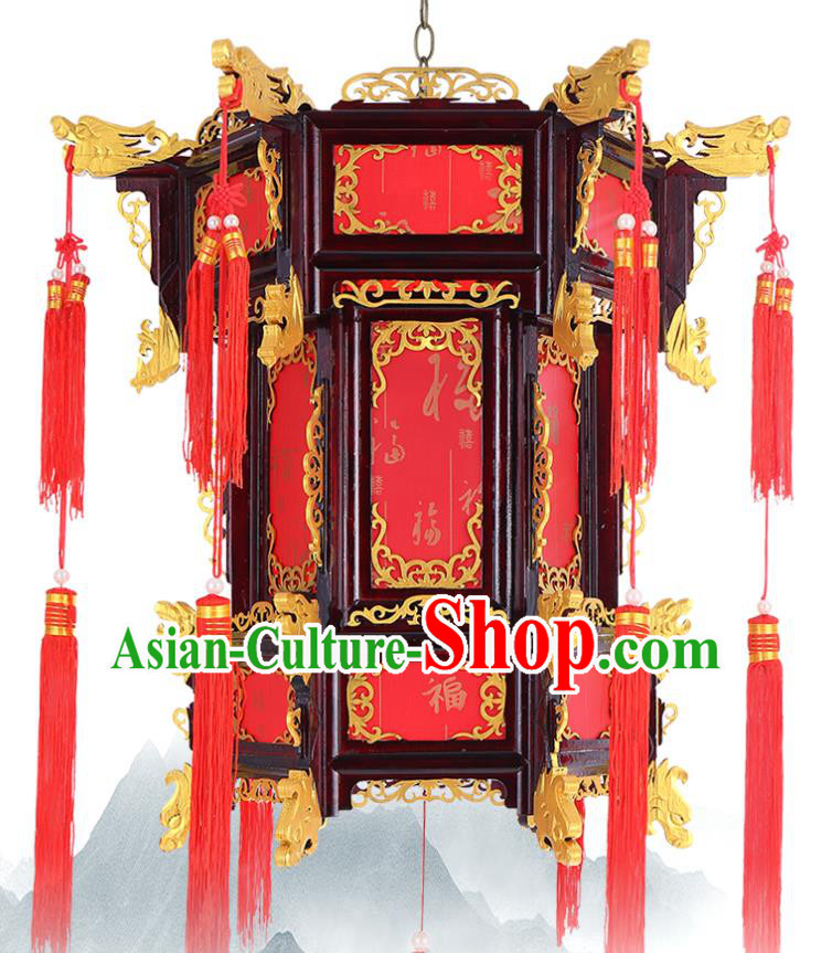 Chinese Golden Dragon Head Hanging Lamp Classical Red Lanterns Traditional New Year Palace Lantern Handmade Wood Lantern