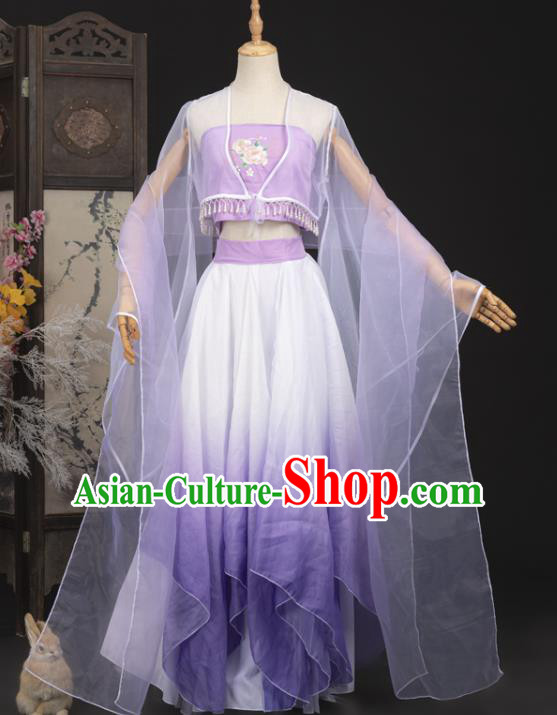 Ancient Dunhuang Apsaras Top and Skirt Chinese Cosplay Fairy Purple Hanfu Dress Complete Set