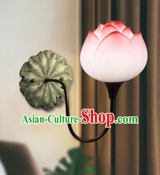 Chinese Classical Lanterns Iron Art Bedside Lamp Traditional Lantern Handmade Pink Lotus Wall Lamp