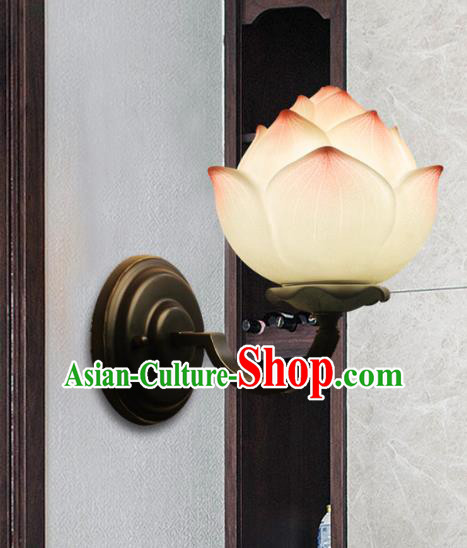 Chinese Classical Lotus Lanterns Iron Art Bedside Lamp Traditional Lantern Handmade Painted Wall Lamp