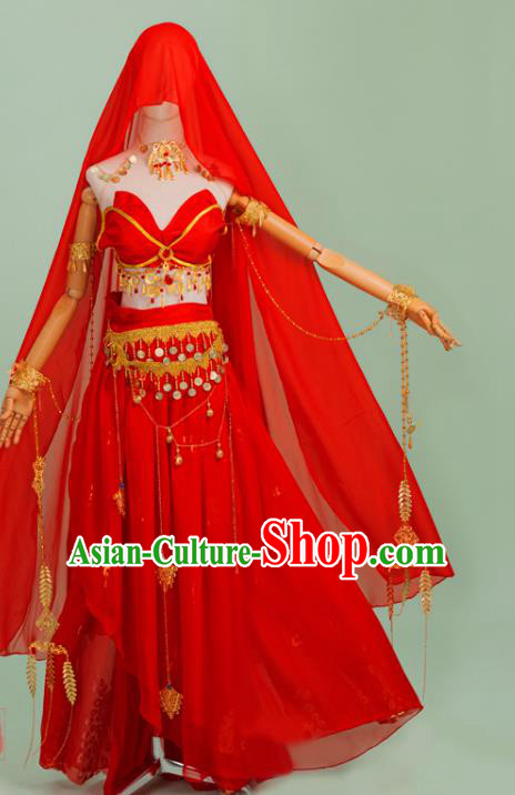 Chinese Cosplay Flying Apsaras Costumes Ancient Dunhuang Classical Dance Hanfu Dress Red Top and Skirt with Headwear