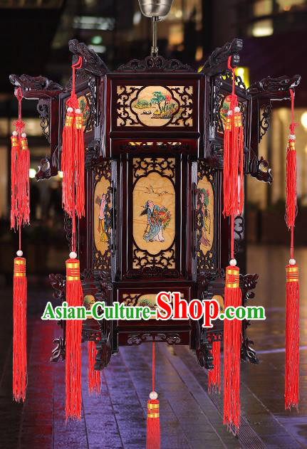 Chinese Classical Eight Immortals Wood Lanterns Traditional Hanging Lamp Handmade Hexagon Palace Lantern New Year Yellow Lantern